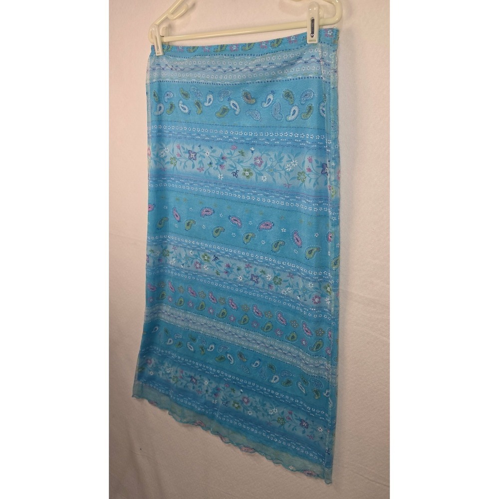 Vintage Y2K Blue Paisley Floral Mesh Maxi Skirt Lettuce Hem Large Made in USA - Picture 4 of 6